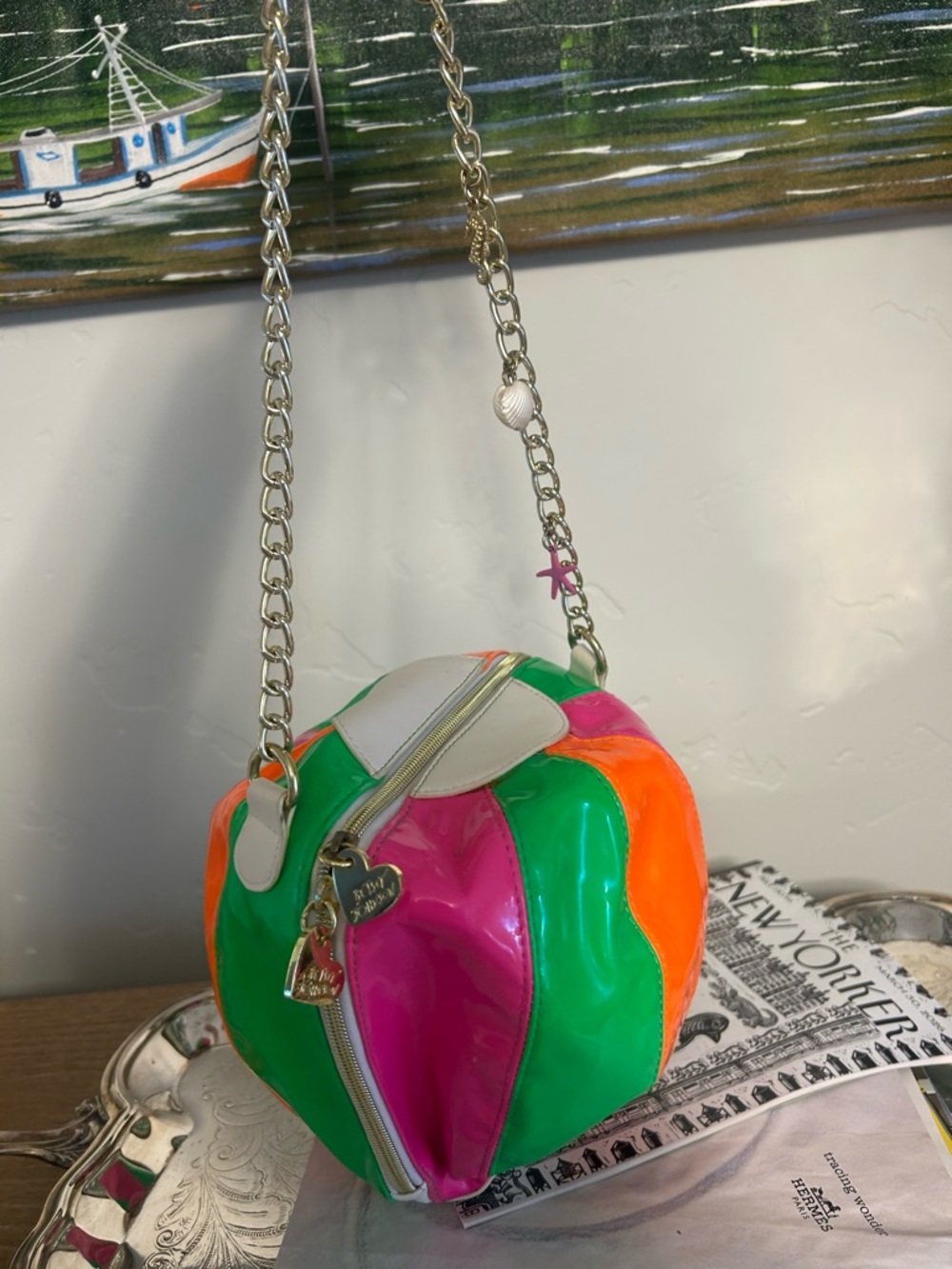Betsey Johnson Novelty Beach ball purse in pink orange and green. - Picture 5 of 9